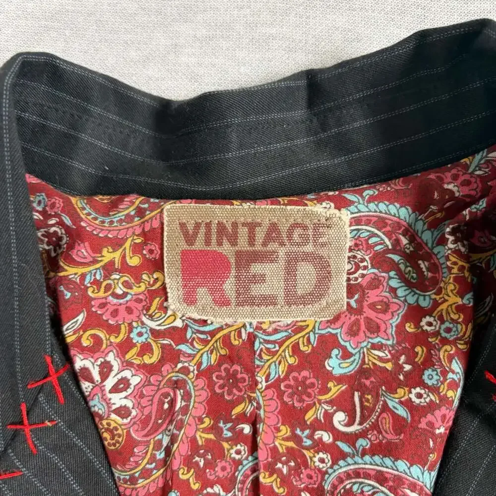 Vintage Red Men's Black Pinstripe Blazer with Contrast Stitching